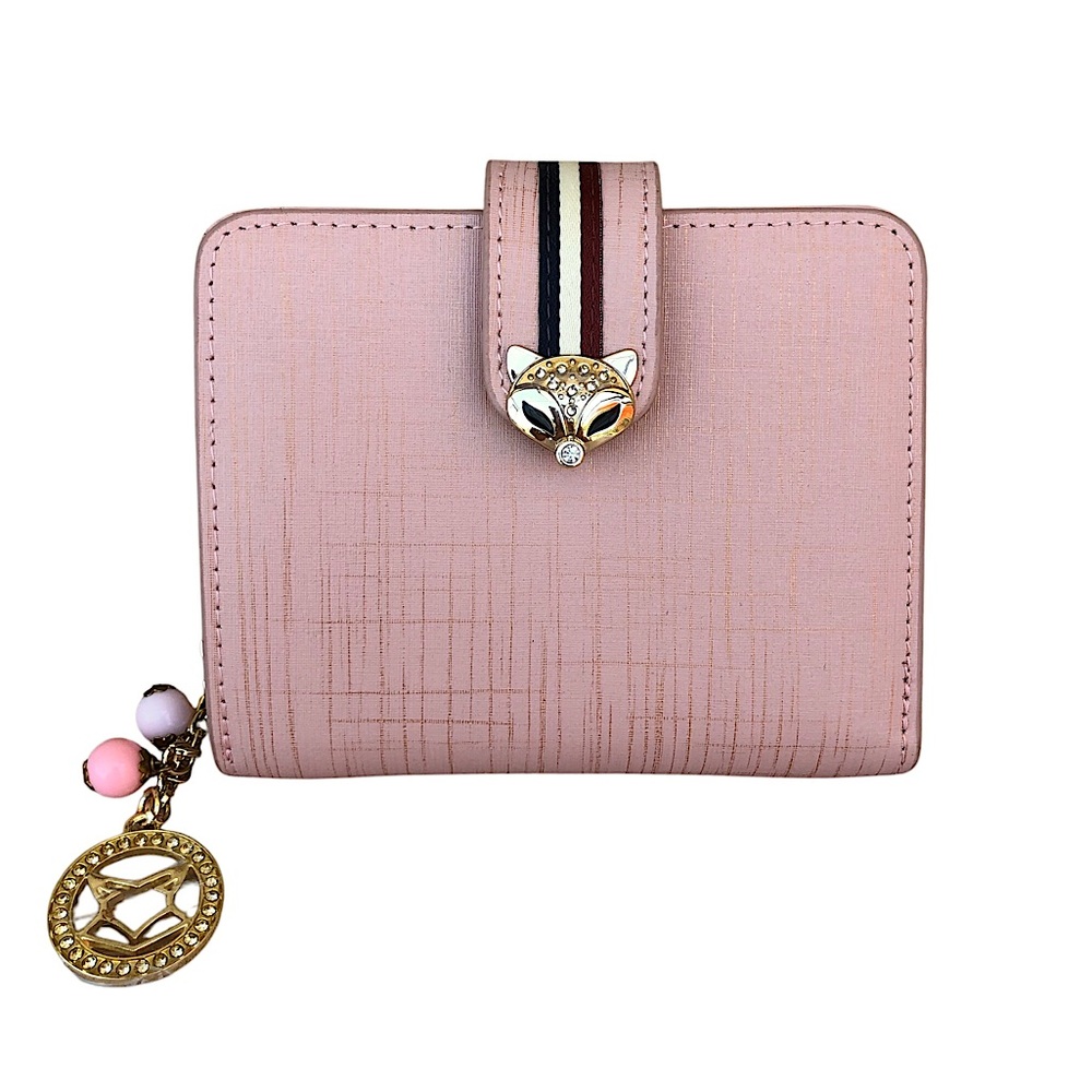 Foxer Suzy Women‎ Split Leather Light Pink Zipper Compartment Wallet With Charm